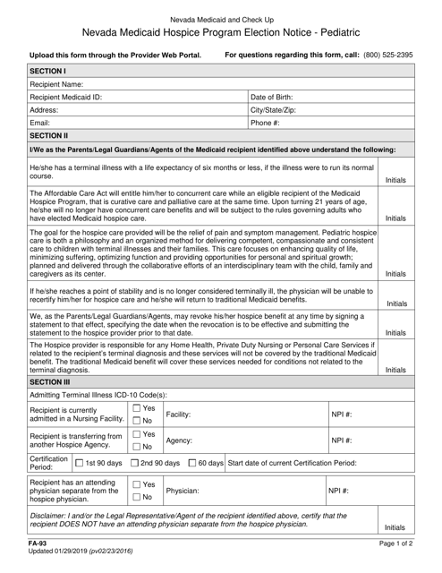 Form FA-93 Nevada Medicaid Hospice Program Election Notice - Pediatric - Nevada