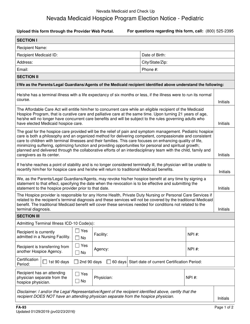 Form FA-93 Nevada Medicaid Hospice Program Election Notice - Pediatric - Nevada, Page 1