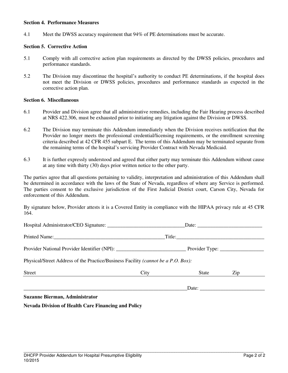 Nevada Nevada Medicaid Hospital Presumptive Eligibility Provider Addendum Fill Out Sign 3701