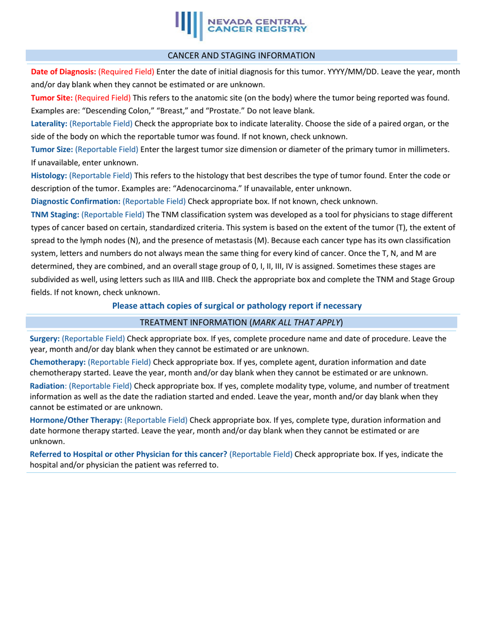 Instructions for Cancer Incidence Reporting Form - Nevada, Page 2