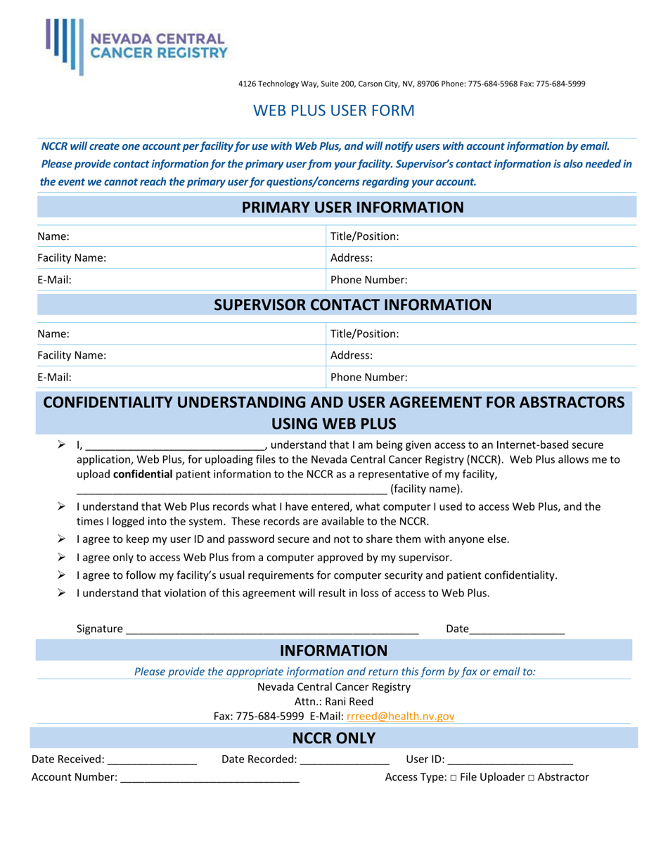 Web Plus User Form - Nevada, Page 1