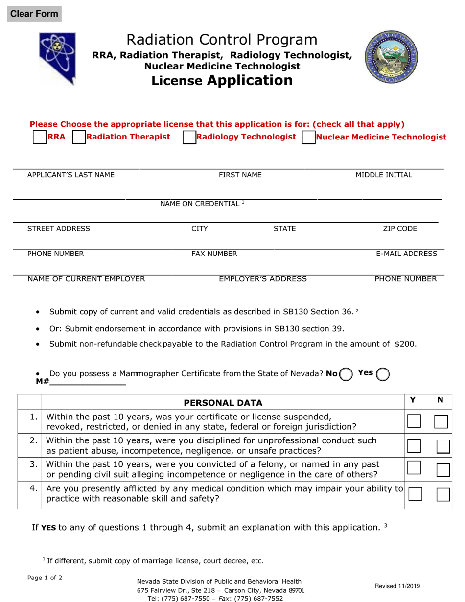 Radiation Control Program License Application - Nevada, Page 1