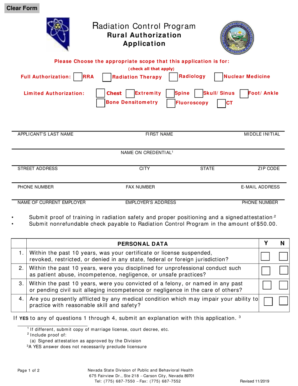 Radiation Control Program Rural Authorization Application - Nevada, Page 1