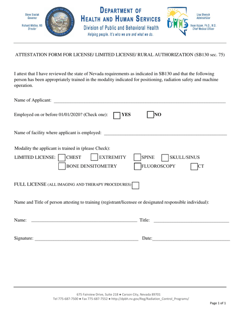 Attestation Form for License / Limited License / Rural Authorization (Sb130 SEC.75) - Nevada Download Pdf