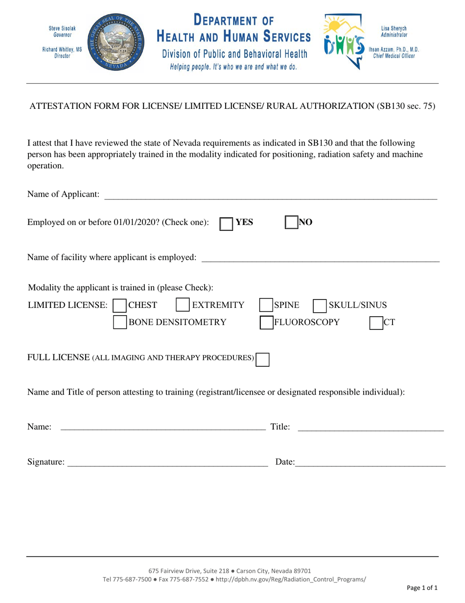 Attestation Form for License / Limited License / Rural Authorization (Sb130 SEC.75) - Nevada, Page 1