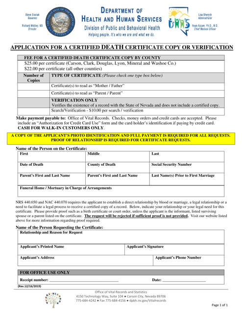 &quot;Application for a Certified Copy of Death Certificate or Verification&quot; - Nevada Download Pdf