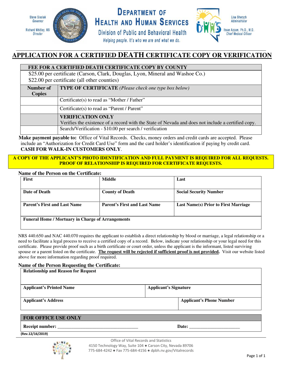 Application for a Certified Copy of Death Certificate or Verification - Nevada, Page 1