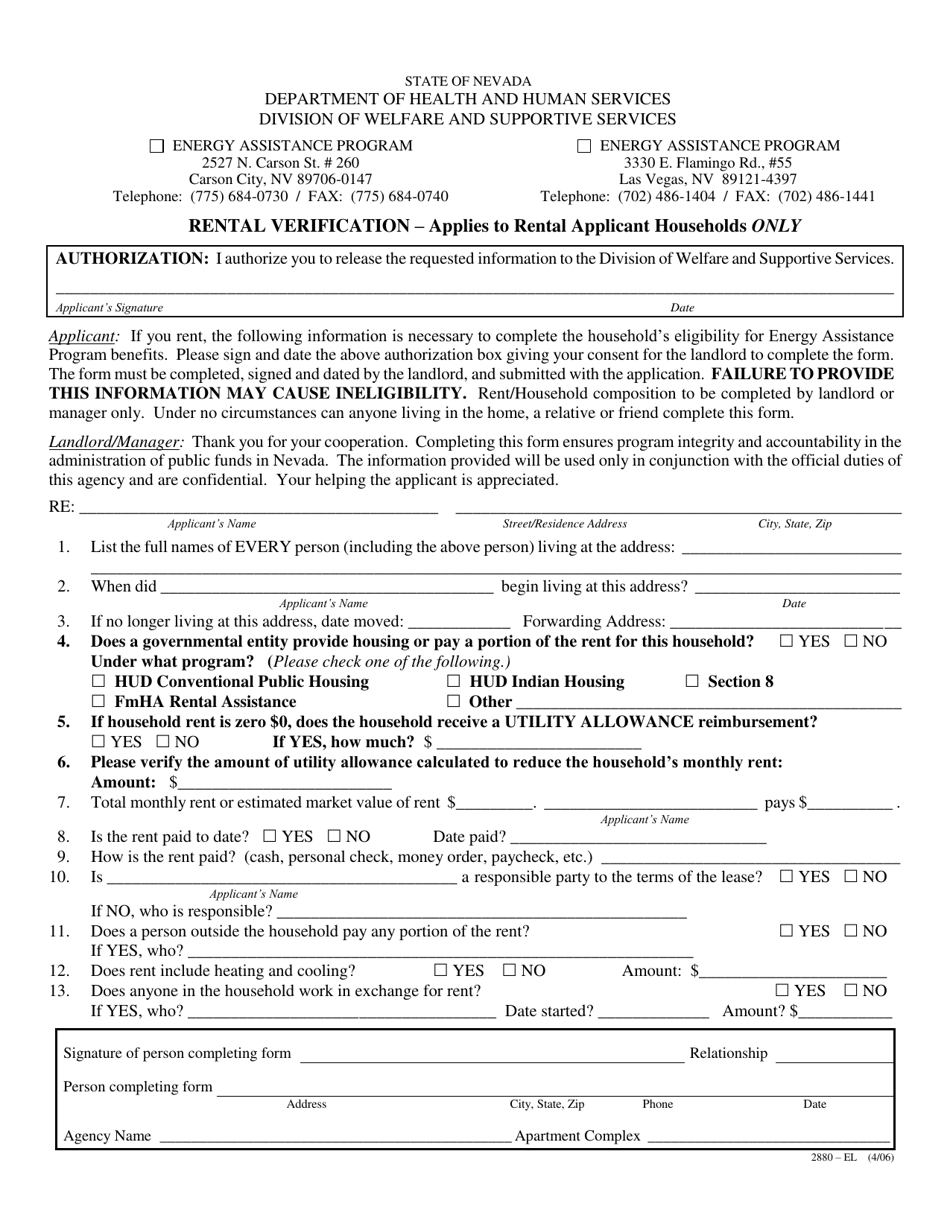 Form 2880-EL Rental Verification - Applies to Rental Applicant Households Only - Nevada, Page 1