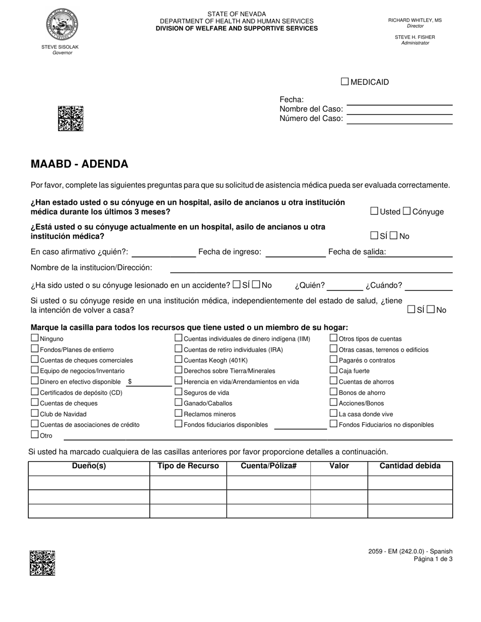 Formulario 2059-EMS Maabd - Adenda - Nevada (Spanish), Page 1