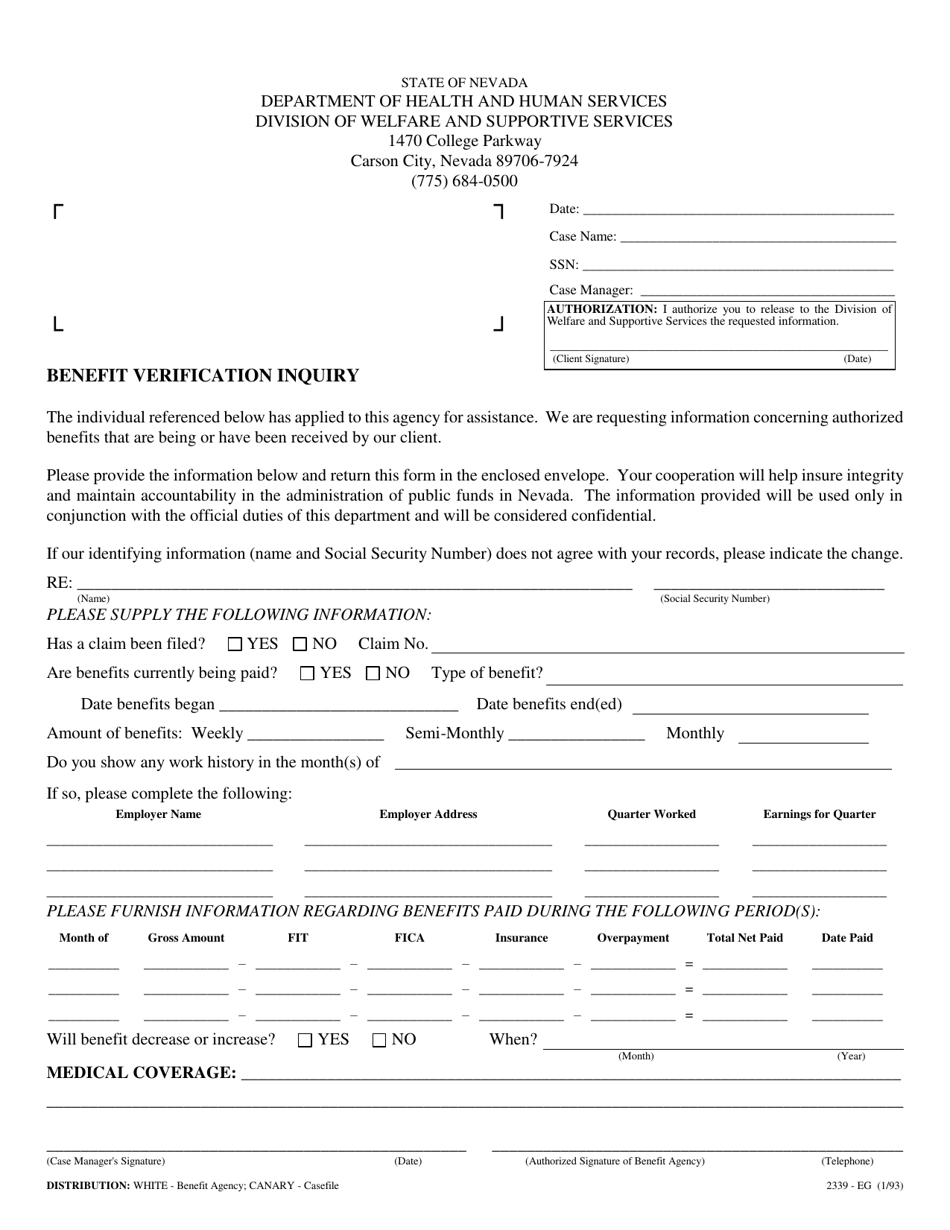 Form 2339-EG Benefit Verification Inquiry - Nevada, Page 1