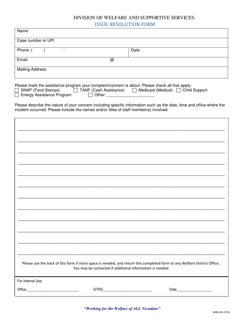 Form 6049-AG Issue Resolution Form - Nevada, Page 1