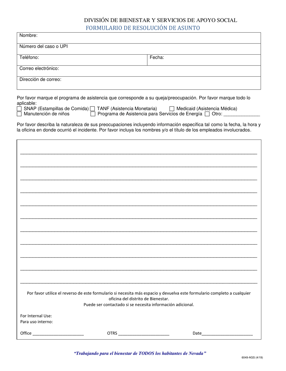 Formulario 6049-AGS Formulario De Resolucion De Asunto - Nevada (Spanish), Page 1