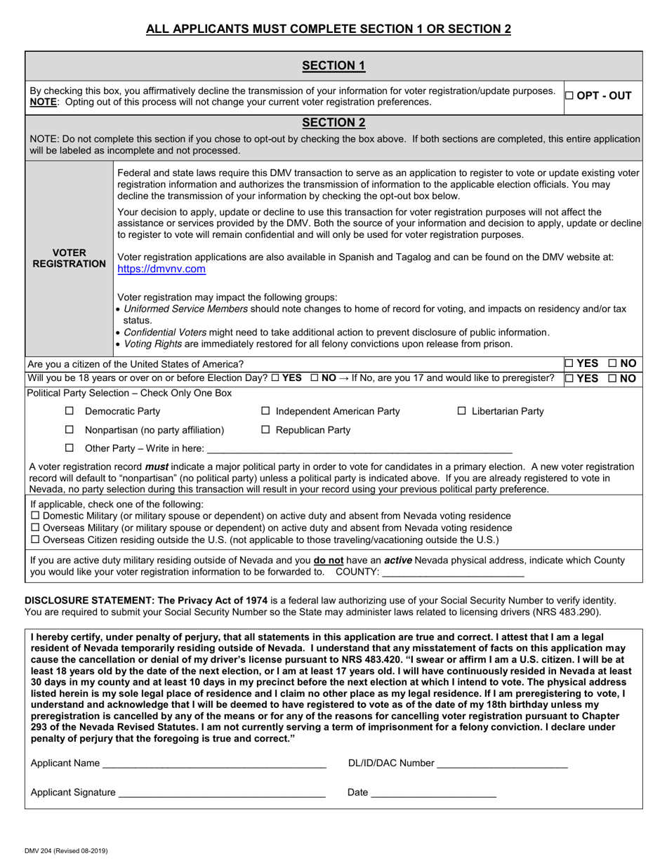 Form Dmv204 - Fill Out, Sign Online And Download Fillable Pdf, Nevada 