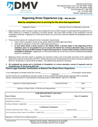 Form DLD130 Beginning Driver Experience Log - Nevada