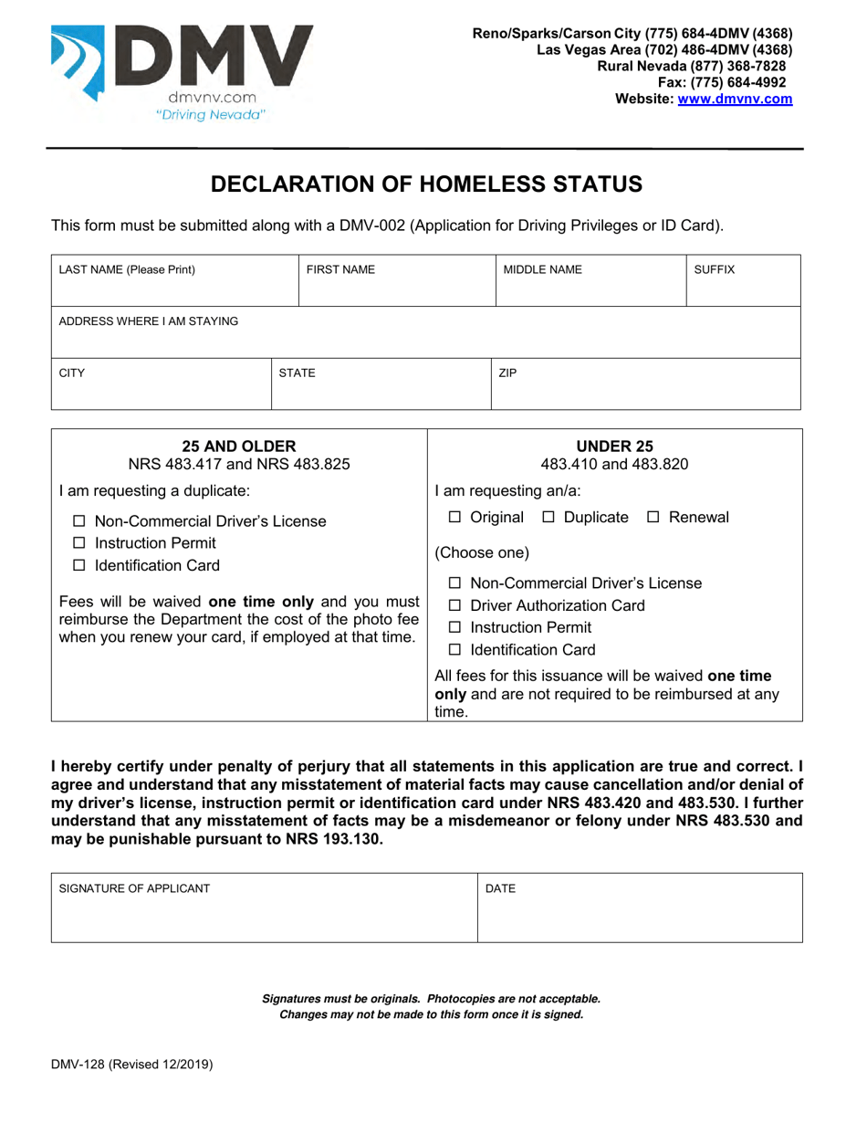 Form DMV-128 Declaration of Homeless Status - Nevada, Page 1