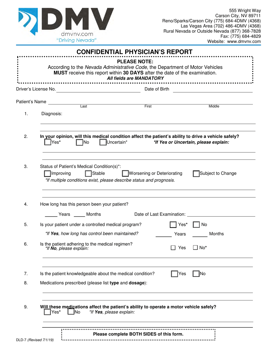 Form DLD-7 Confidential Physicians Report - Nevada, Page 1