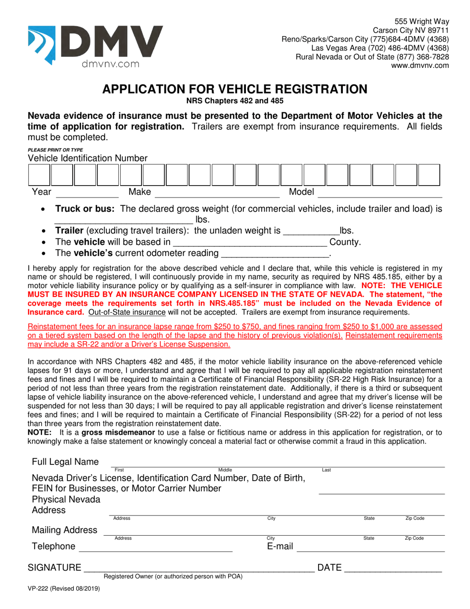 Form VP-222 Application for Vehicle Registration - Nevada, Page 1