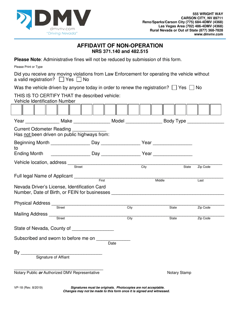 Form VP-18 Affidavit of Non-operation - Nevada, Page 1