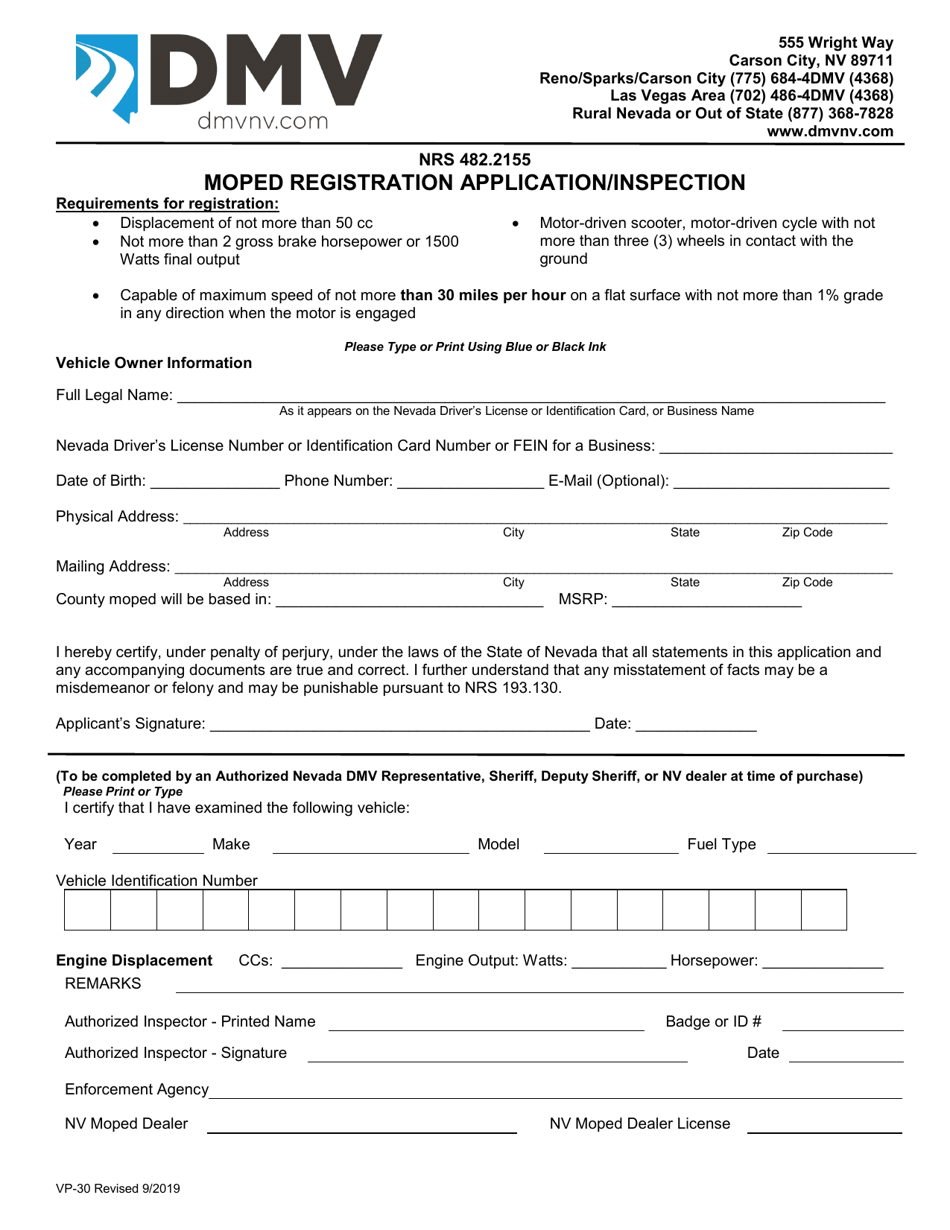 Form VP-30 Moped Registration Application / Inspection - Nevada, Page 1