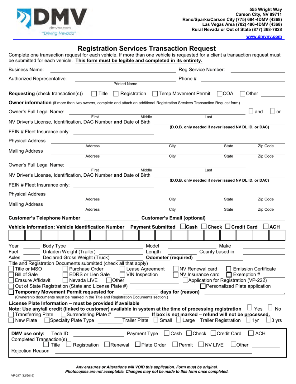 Form VP-247 Registration Services Transaction Request - Nevada, Page 1