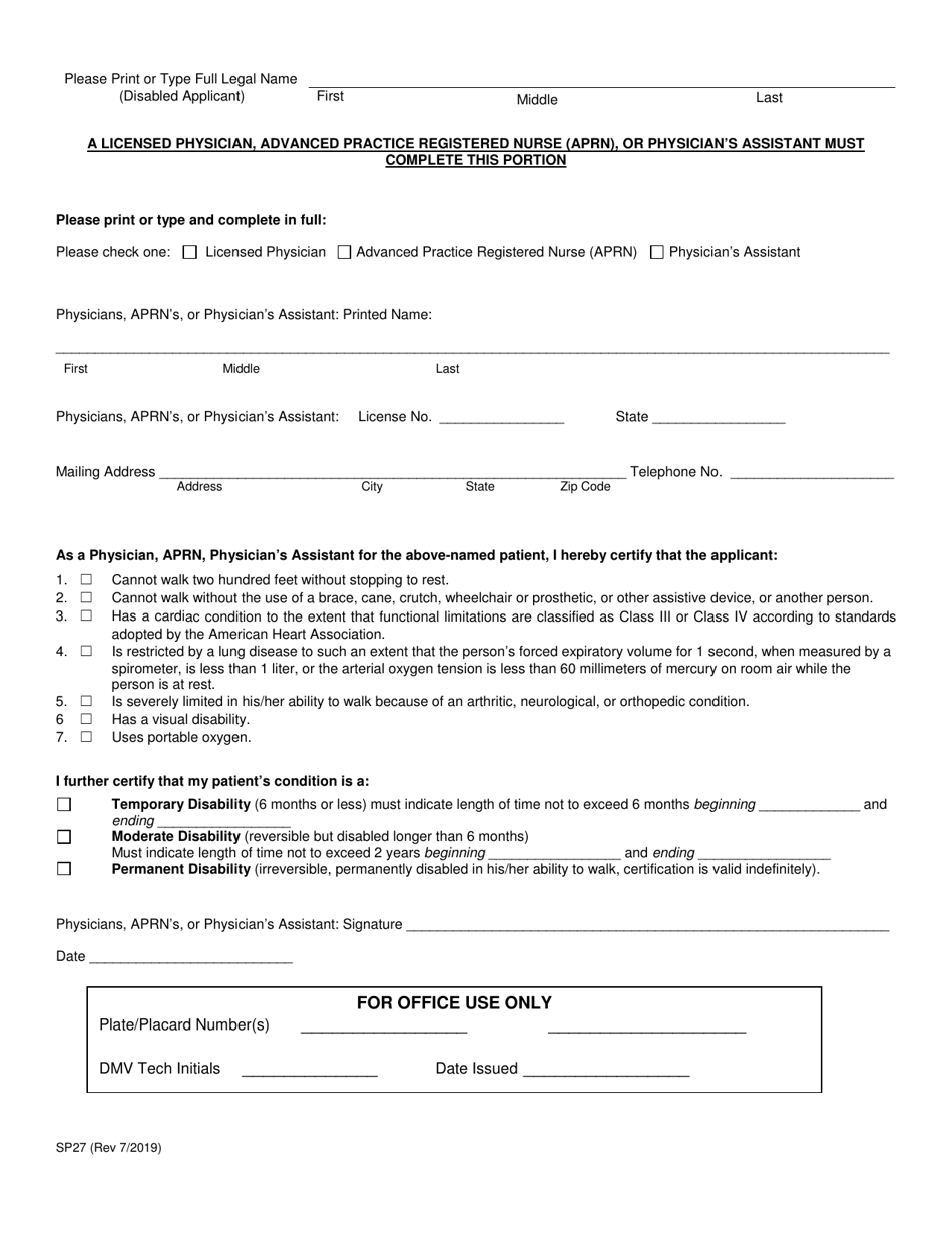 Form SP27 Disabled Persons License Plates and / or Placards Application - Nevada, Page 2