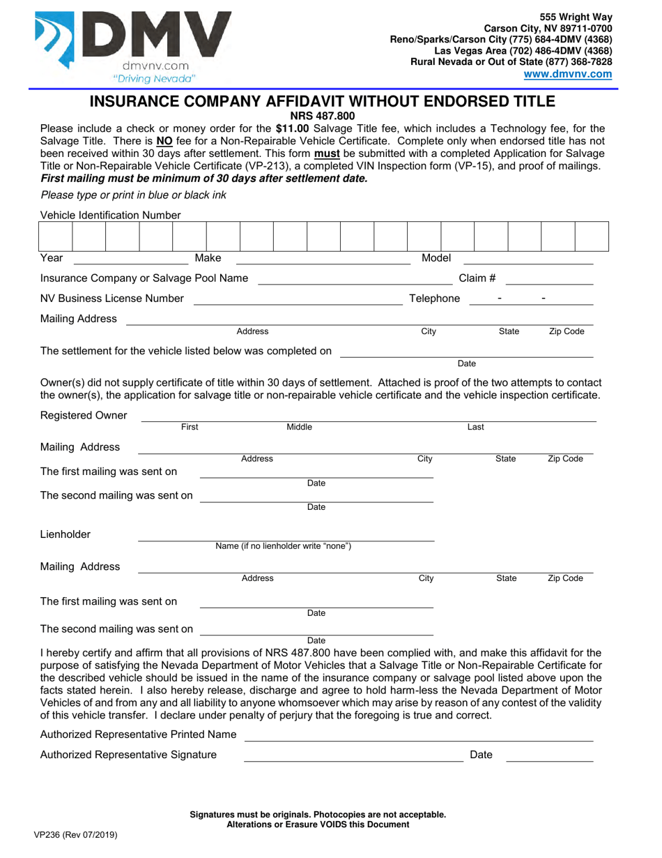 Form VP236 Insurance Company Affidavit Without Endorsed Title - Nevada, Page 1