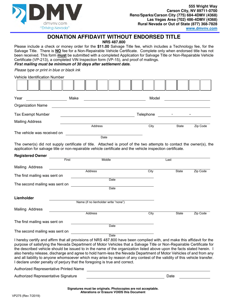 Form VP275 Donation Affidavit Without Endorsed Title - Nevada, Page 1