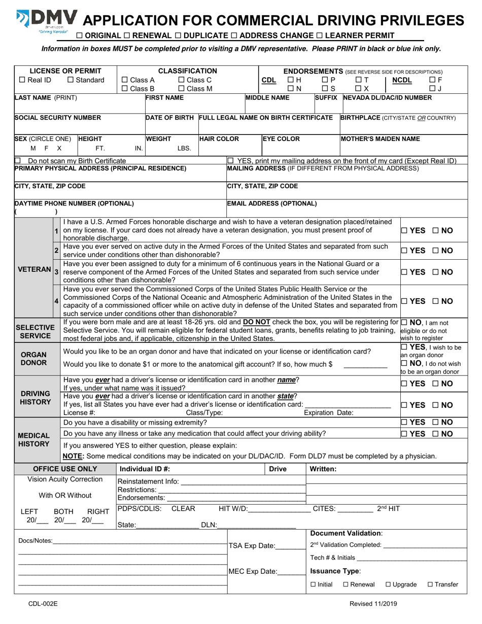 Form CDL-002 Application for Commercial Driving Privileges - Nevada, Page 1