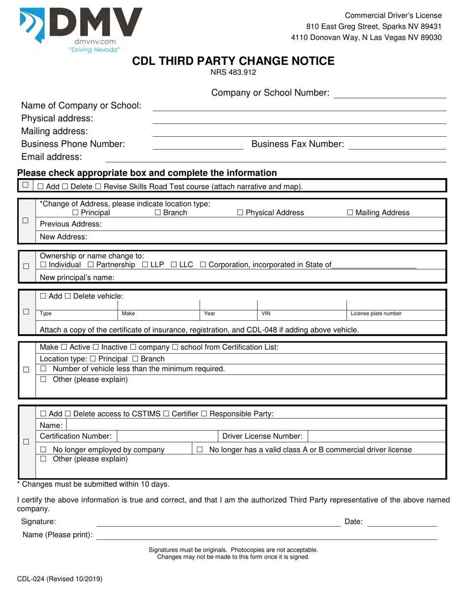 Form CDL-024 Cdl Third Party Change Notice - Nevada, Page 1