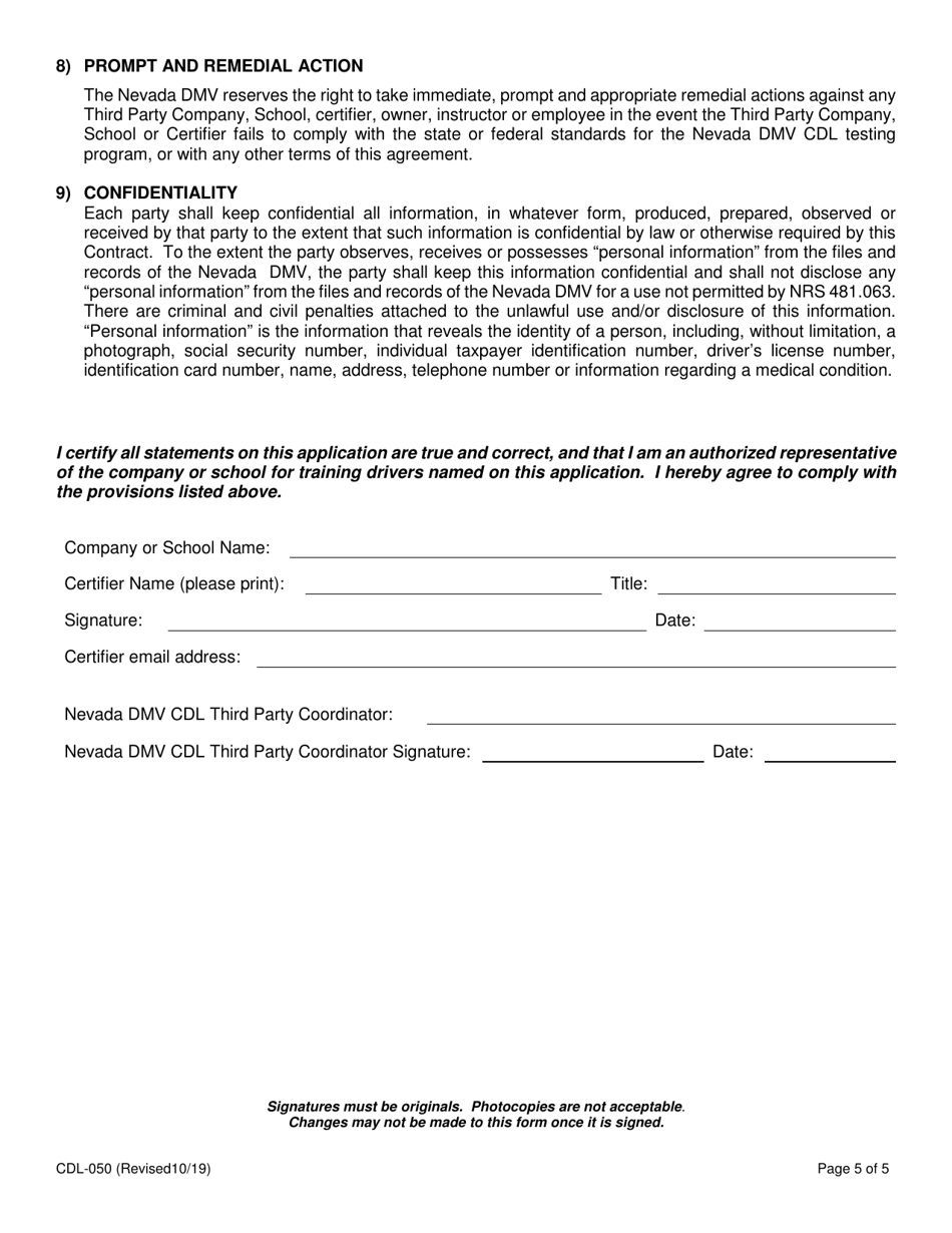 Form CDL-050 Third Party Certifier Agreement - Nevada, Page 5