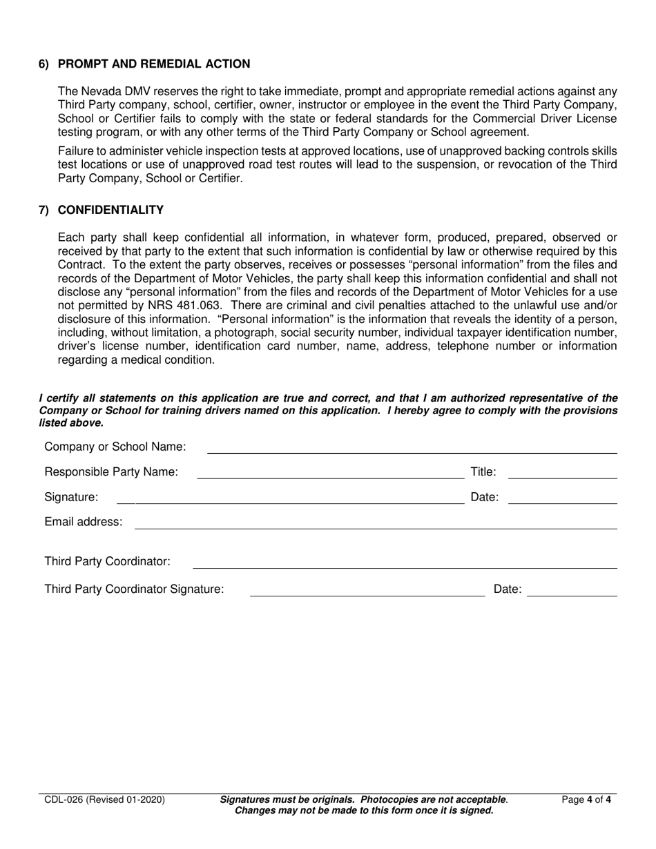 Form CDL-026 Third Party Company / School Agreement - Nevada, Page 4