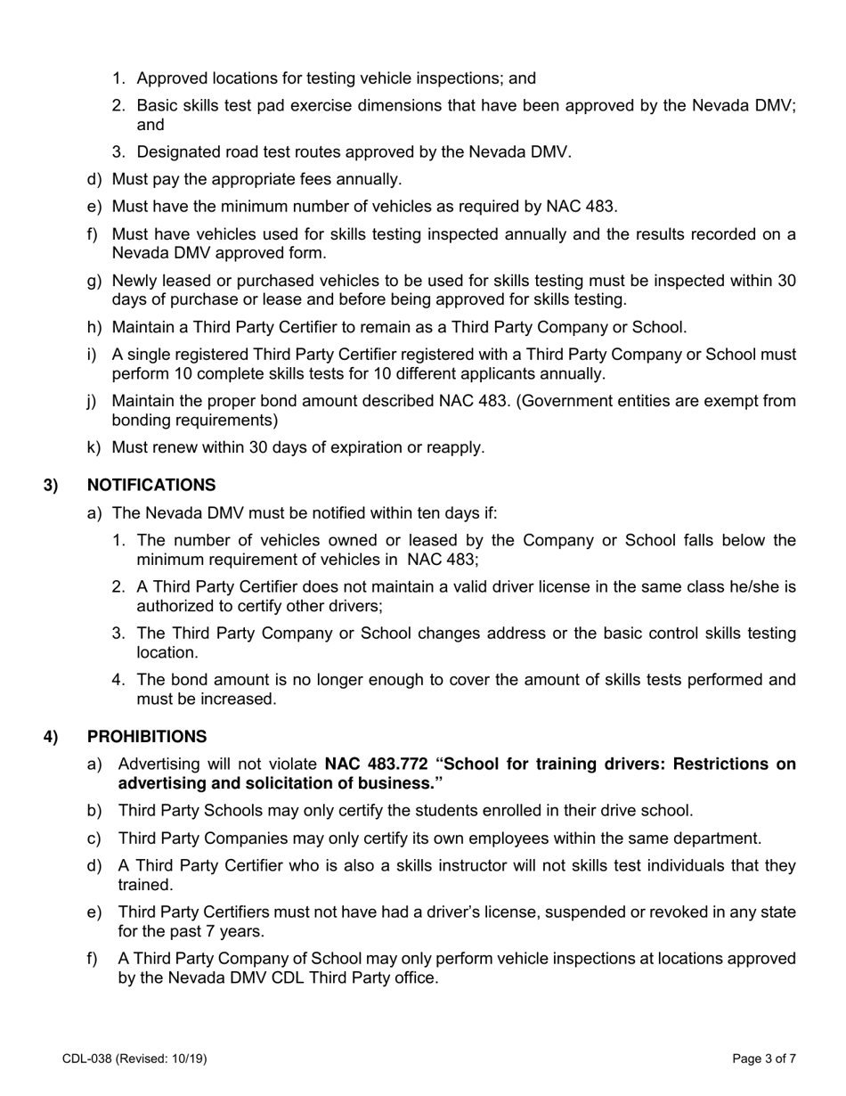Form CDL-038 Third Party Company  School Renewal Application - Nevada, Page 3