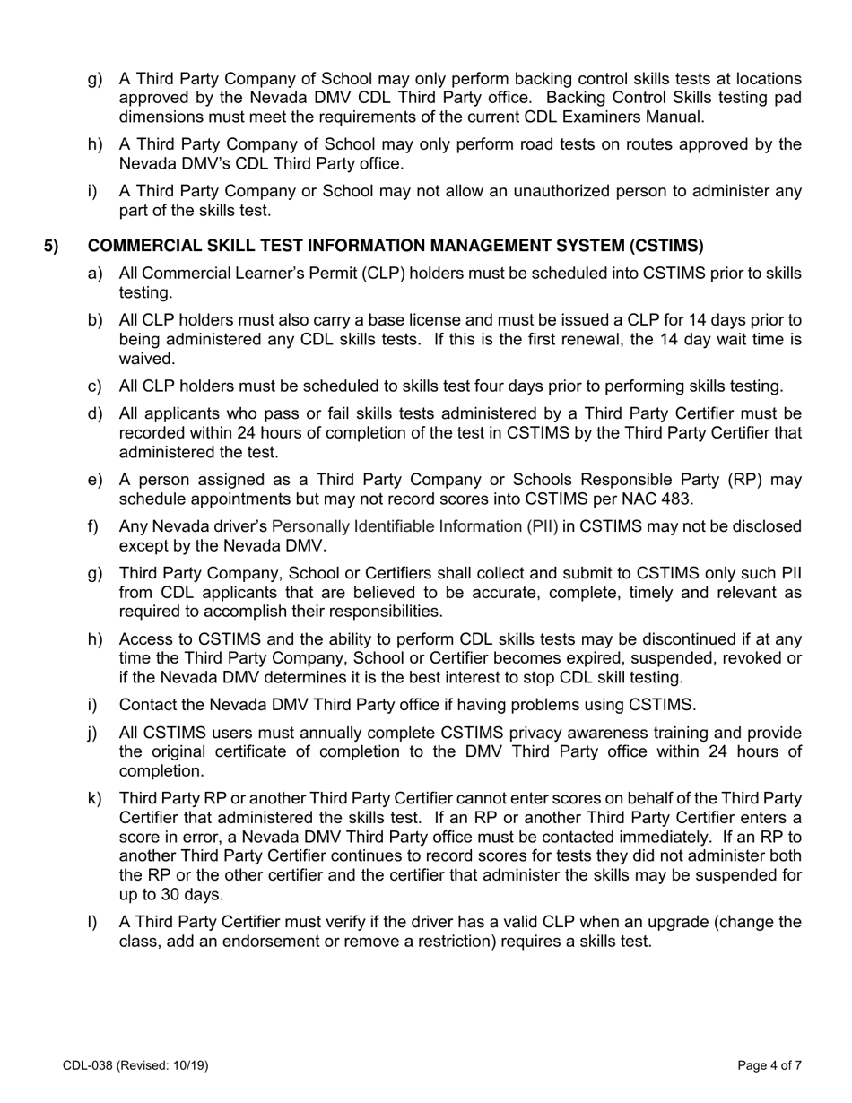 Form CDL-038 Third Party Company  School Renewal Application - Nevada, Page 4