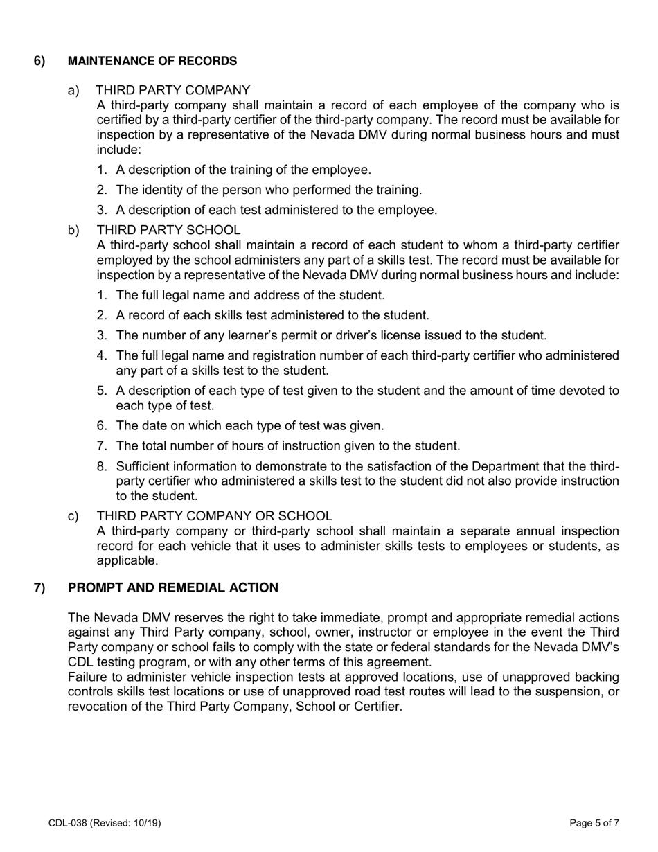 Form CDL-038 Third Party Company  School Renewal Application - Nevada, Page 5