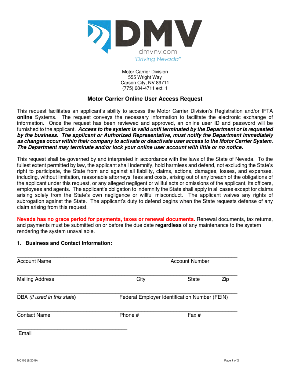 Form MC106 Motor Carrier Online User Access Request - Nevada, Page 1
