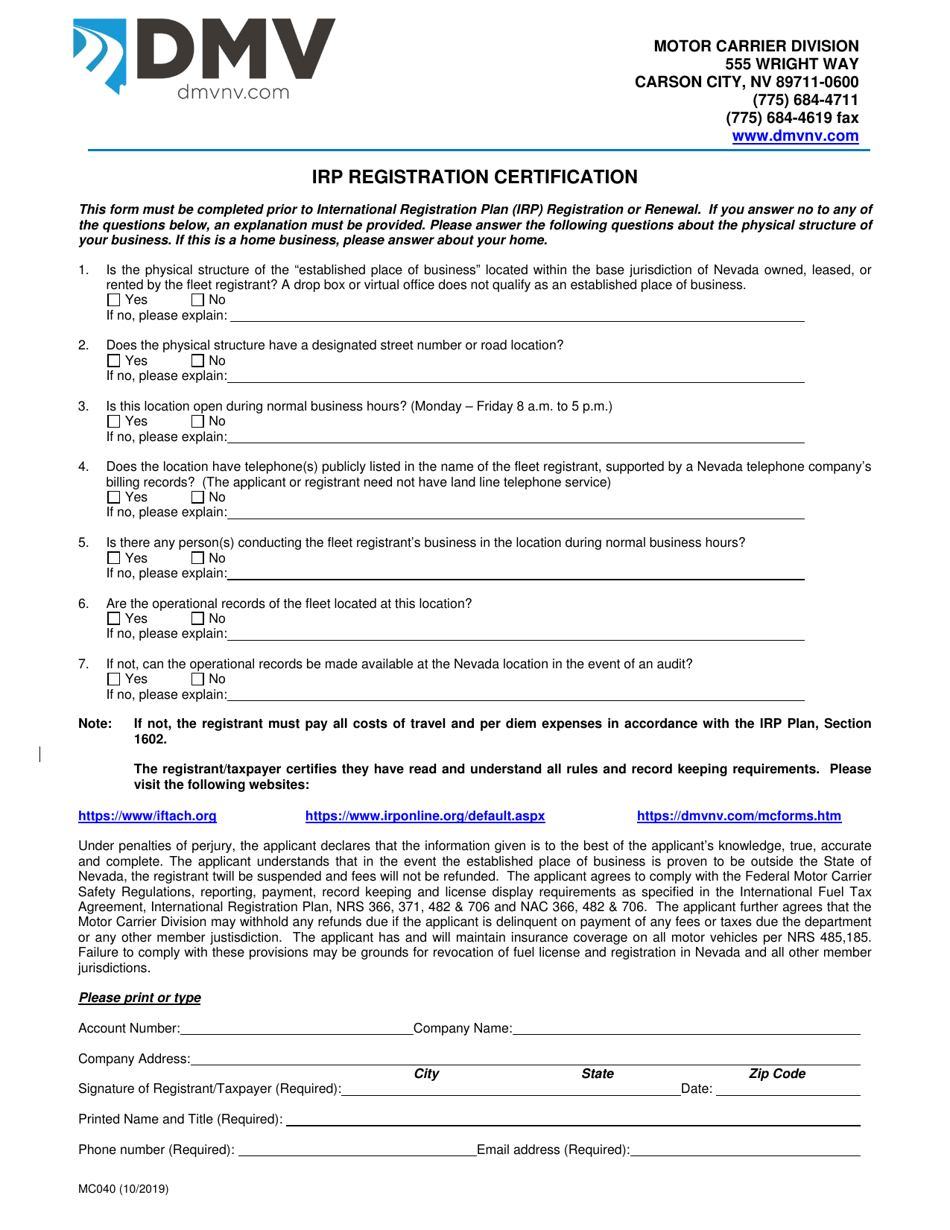 Form MC040 Irp Registration Certification - Nevada, Page 1