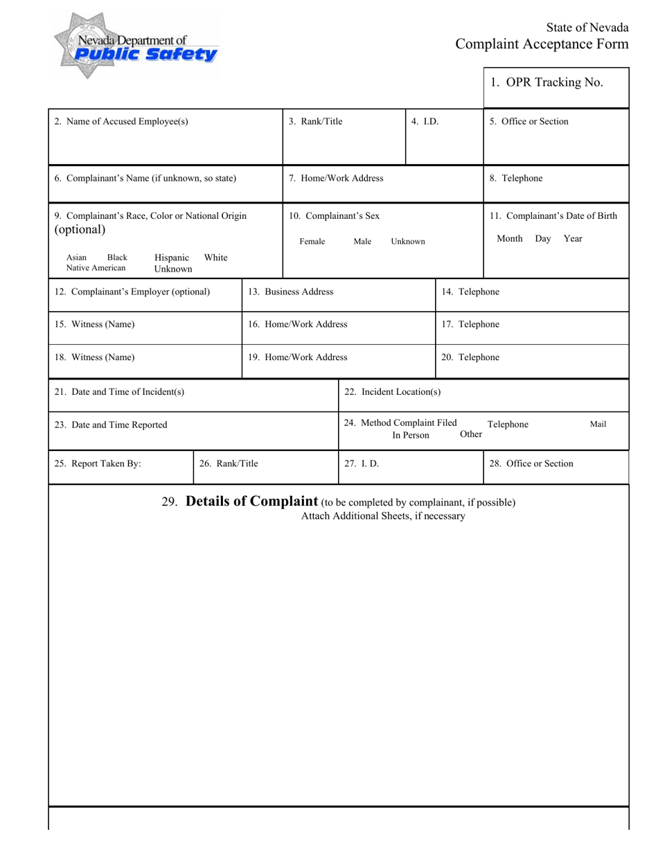 Form DO300 Complaint Acceptance Form - Nevada, Page 1
