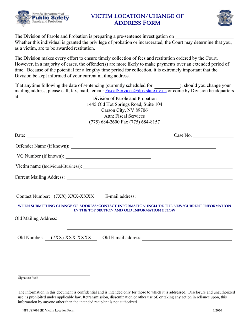 Form NPP JSF016 (B) Victim Location / Change of Address Form - Nevada, Page 1