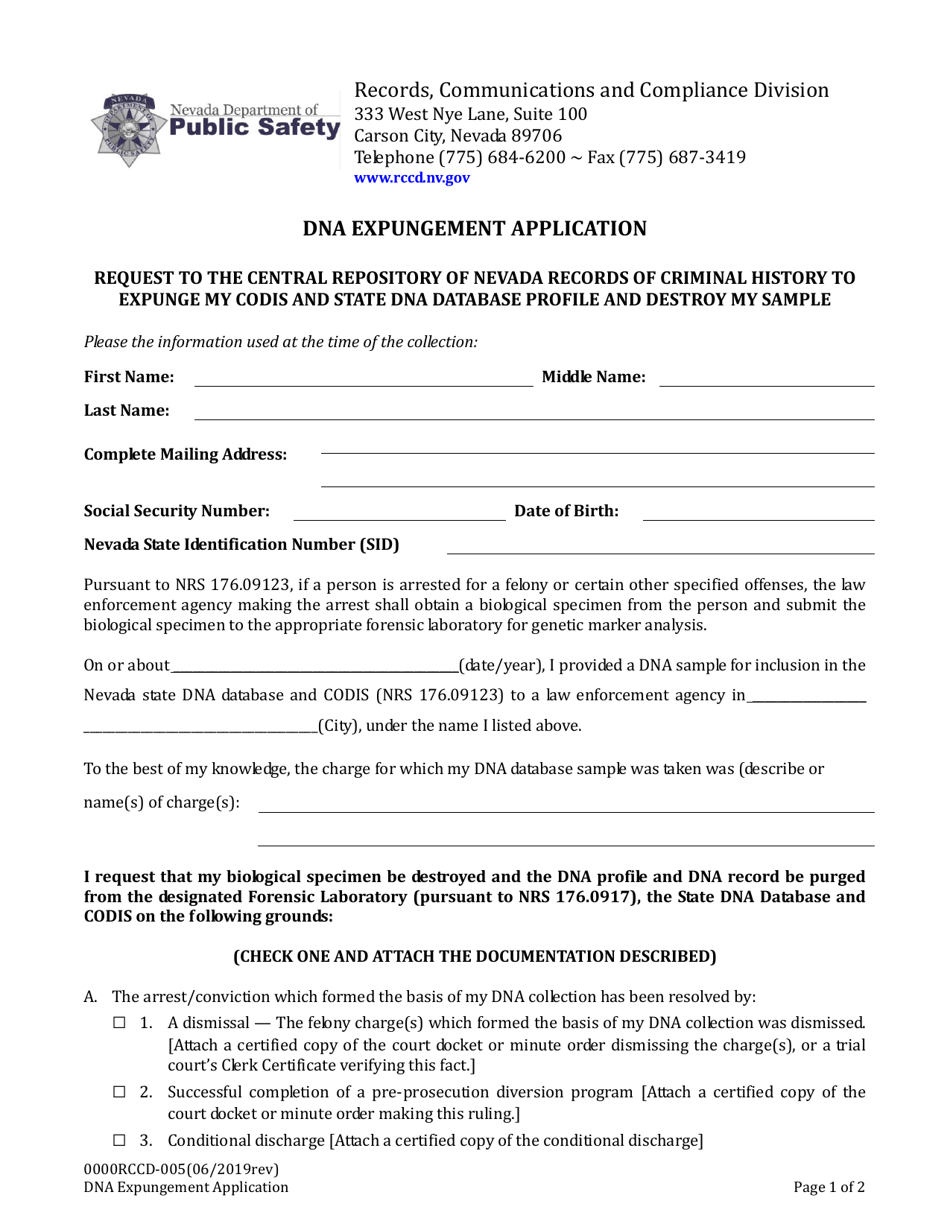 Form 0000RCCD-005 Dna Expungement Application - Nevada, Page 1