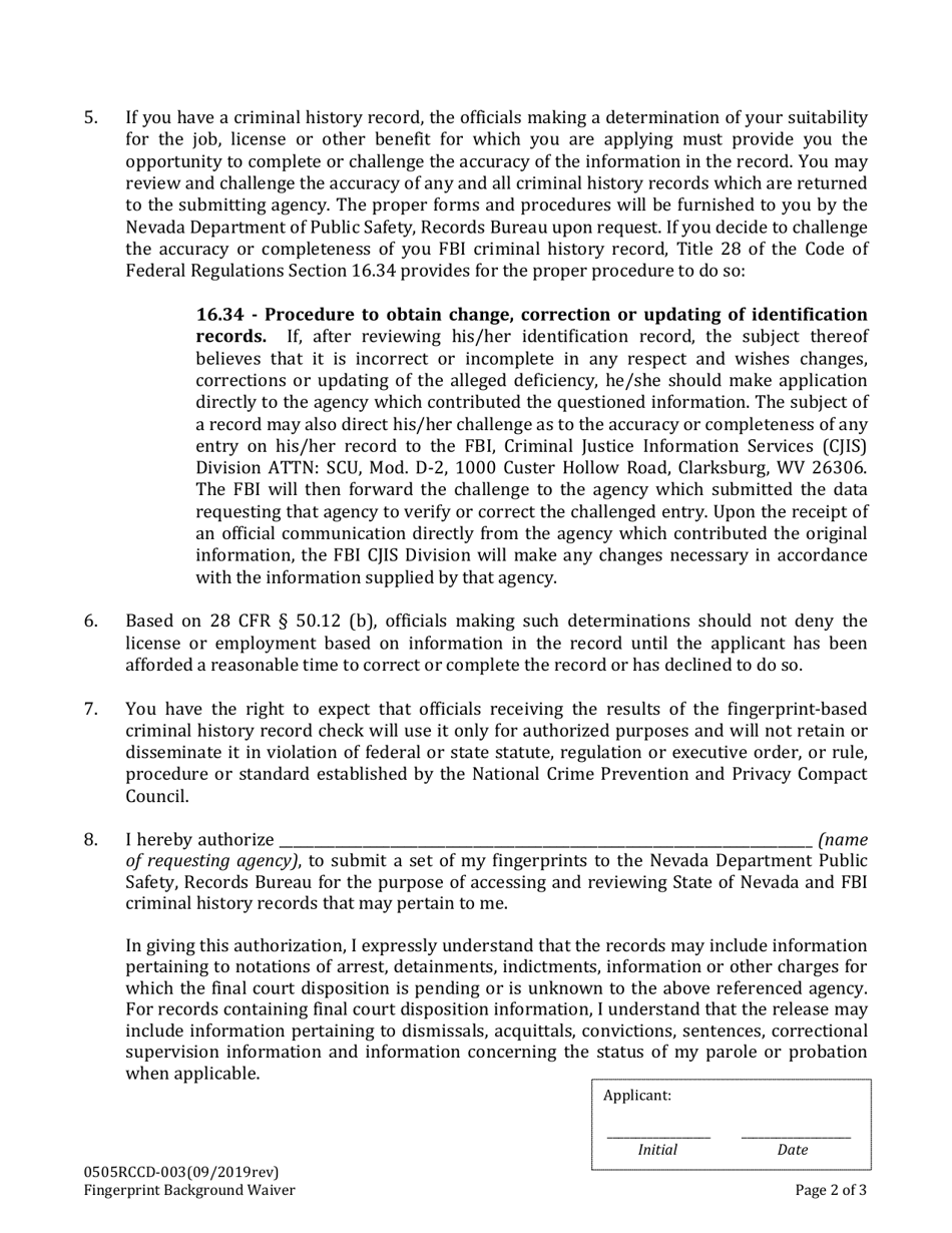 Form 0505RCCD-003 Fingerprint Background Waiver - Nevada, Page 2