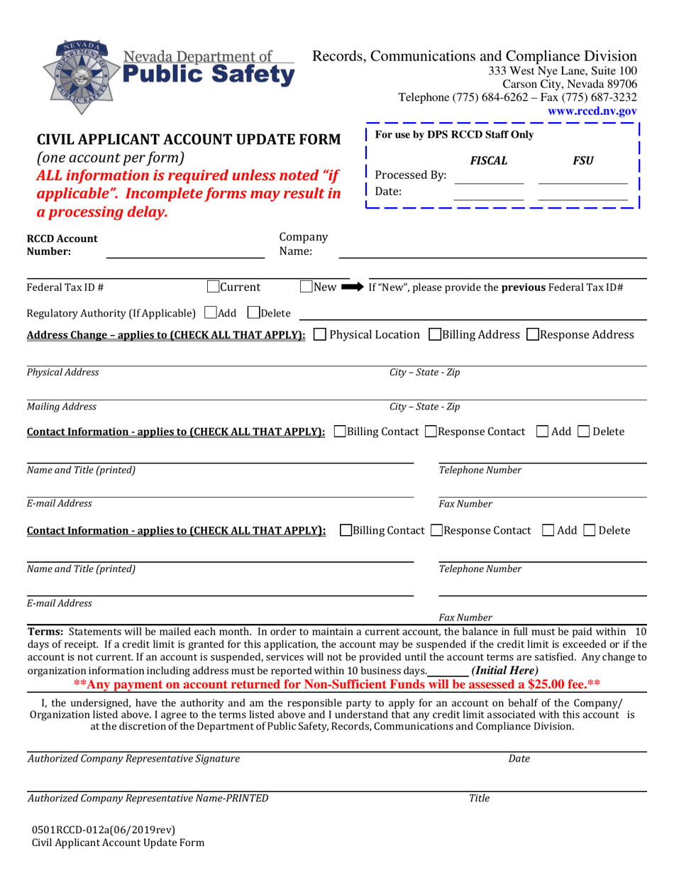 Form 0501RCCD-012A Civil Applicant Account Update Form - Nevada, Page 1