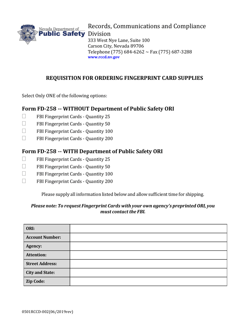 Form 0501RCCD-002 Requisition for Ordering Fingerprint Card Supplies - Nevada, Page 1