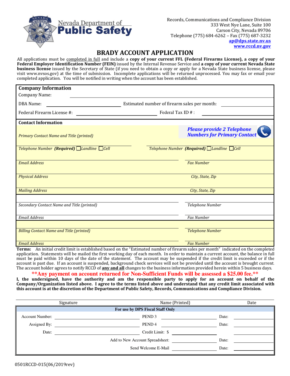 Form 0501RCCD-015 Brady Account Application - Nevada, Page 1