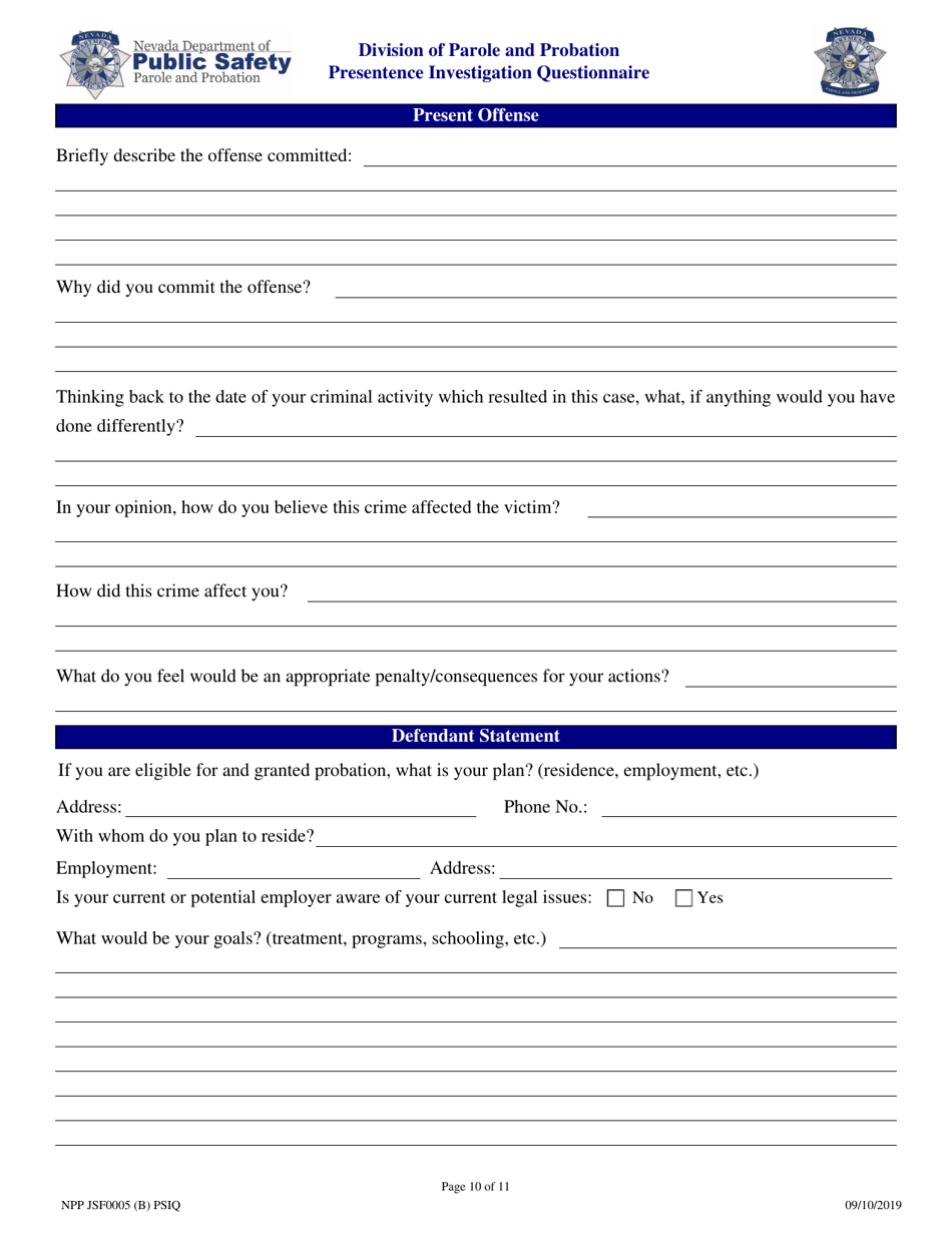 Form NPP JSF0005 Presentence Investigation Questionnaire - Nevada, Page 10