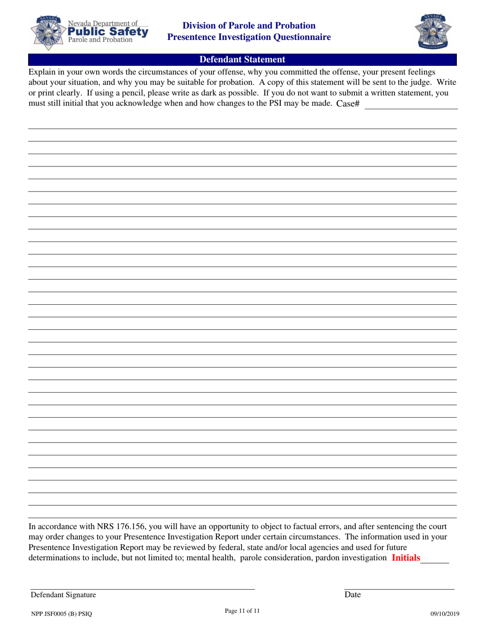 Form NPP JSF0005 Presentence Investigation Questionnaire - Nevada, Page 11