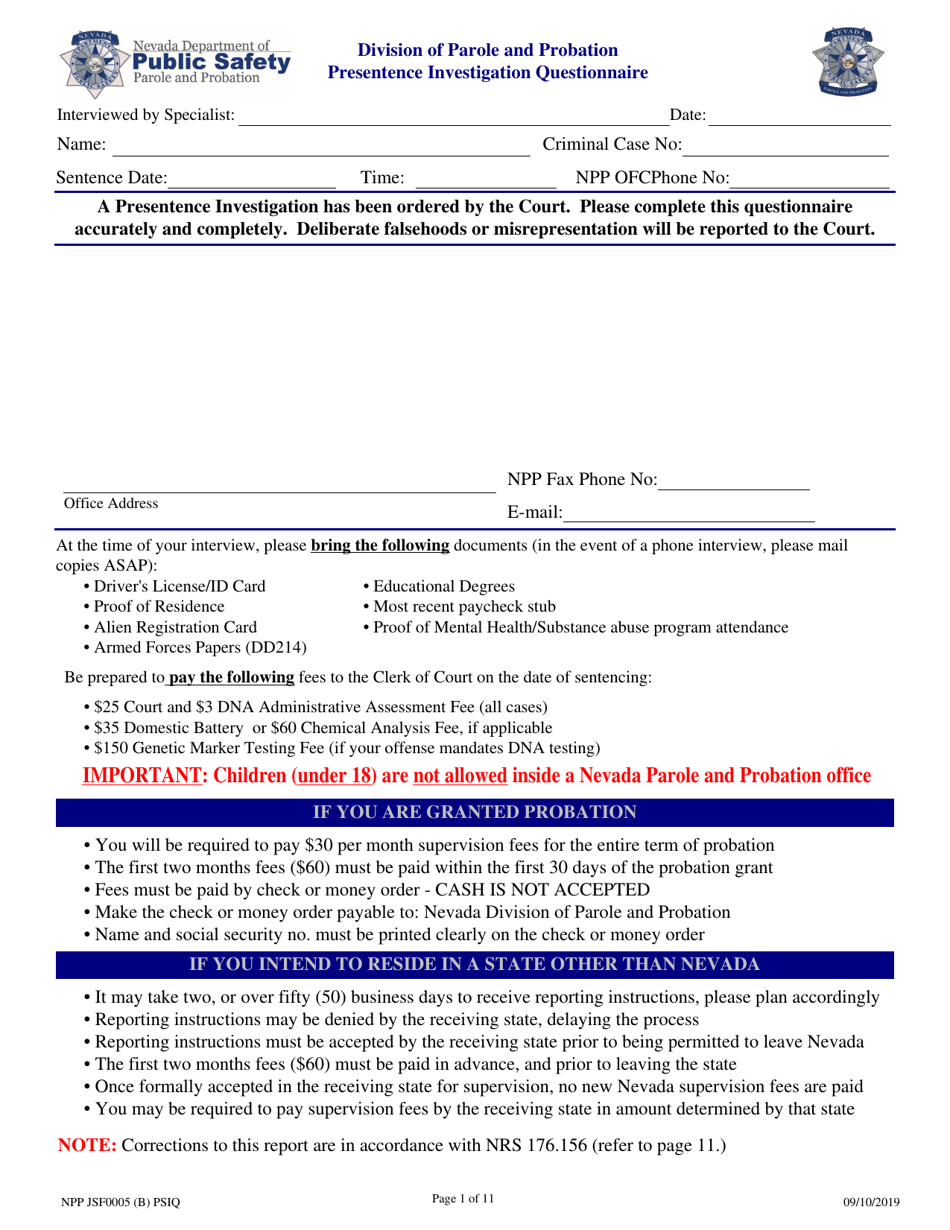 Form NPP JSF0005 Presentence Investigation Questionnaire - Nevada, Page 1