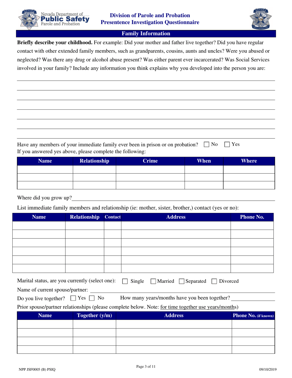 Form NPP JSF0005 Presentence Investigation Questionnaire - Nevada, Page 3