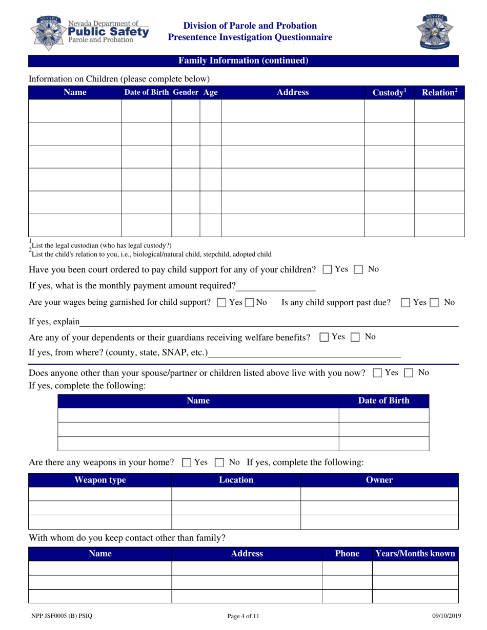 Form NPP JSF0005 Presentence Investigation Questionnaire - Nevada, Page 4