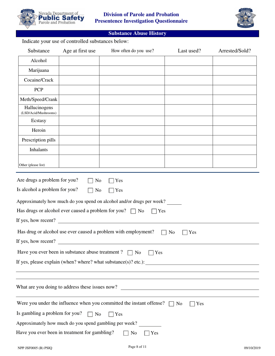 Form NPP JSF0005 Presentence Investigation Questionnaire - Nevada, Page 8