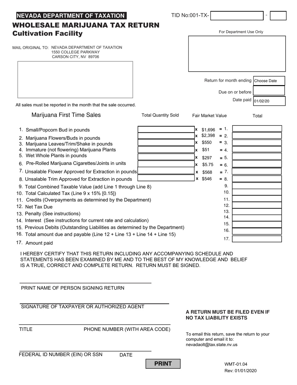 Form WMT-01.04 Wholesale Marijuana Tax Return - Nevada, Page 1